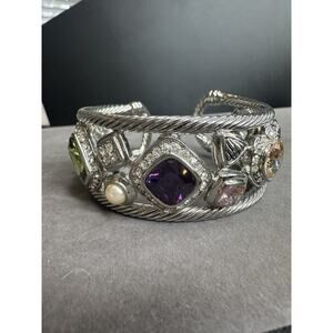 Mosaic Rhodium Plated Cable Crystal Bracelet Bezel Setting Pave Crystal Bangle